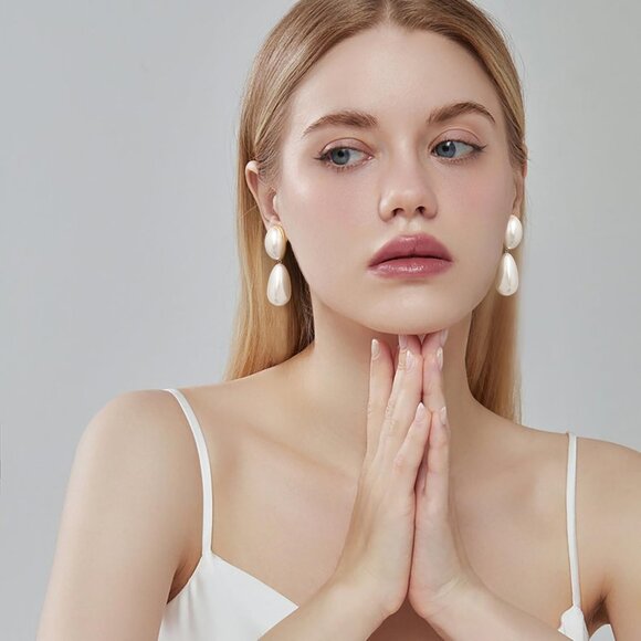 Pearl Drop Earrings Women Vintage Dangle Statement Gold Jewelry Large - Picture 2 of 7